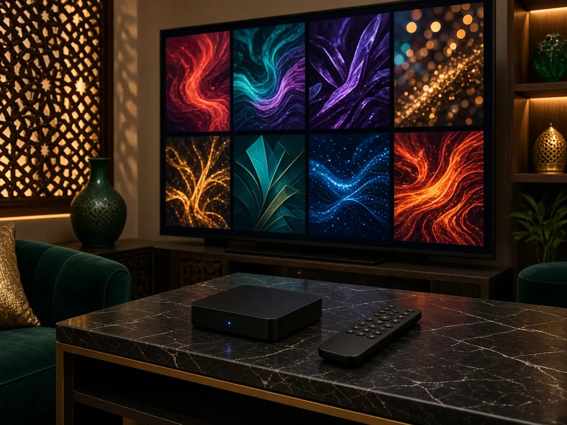 IPTV Android box UAE: a black Android TV box and remote on a marble table in front of a TV, with a carved mashrabiya screen