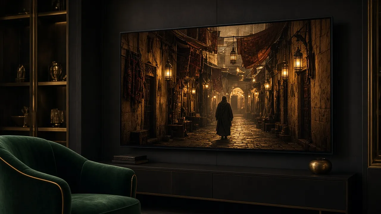 Arabic drama on a large TV in a living room: a scene set in an old souk with lanterns