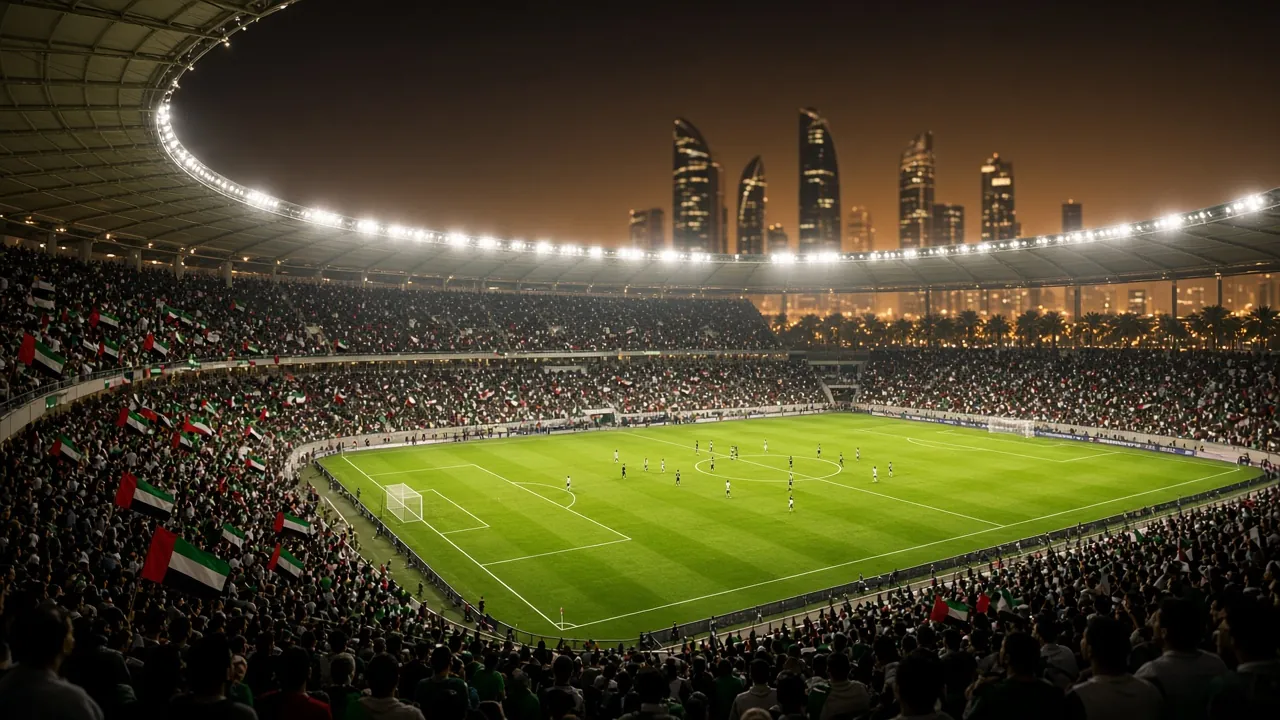 Floodlit football stadium at night with fans waving green, red and white flags, the city skyline beyond