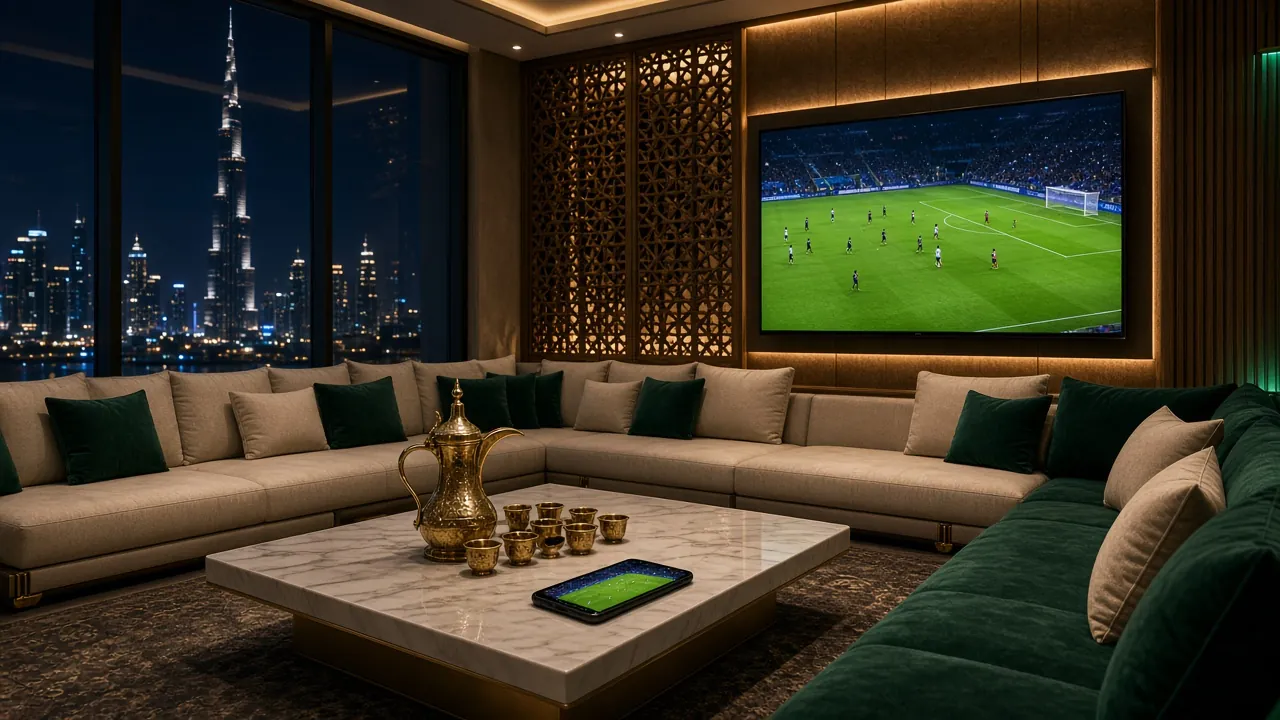 Live football on a large 4K TV in a modern majlis at night, with the Dubai skyline through the window and a phone on the coffee table