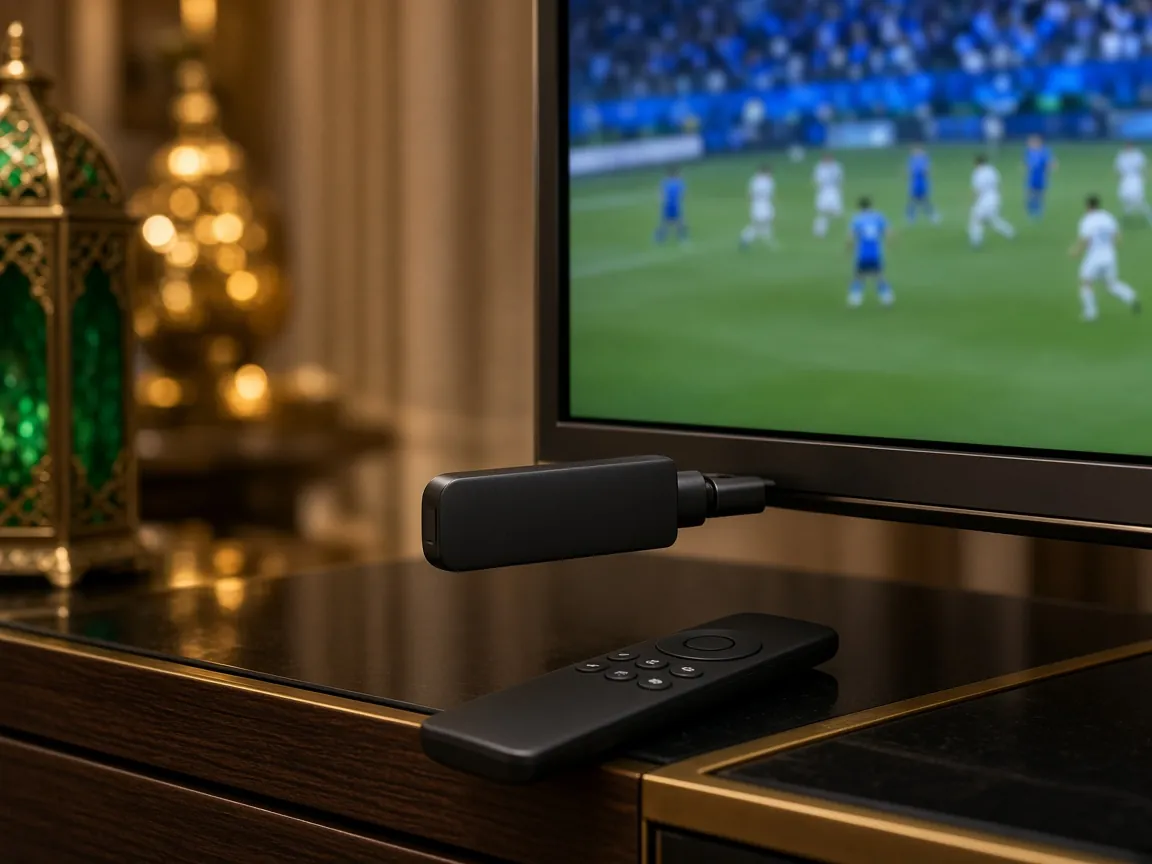 IPTV Firestick UAE: a streaming stick and remote plugged into a TV showing live football, with lanterns glowing in the background