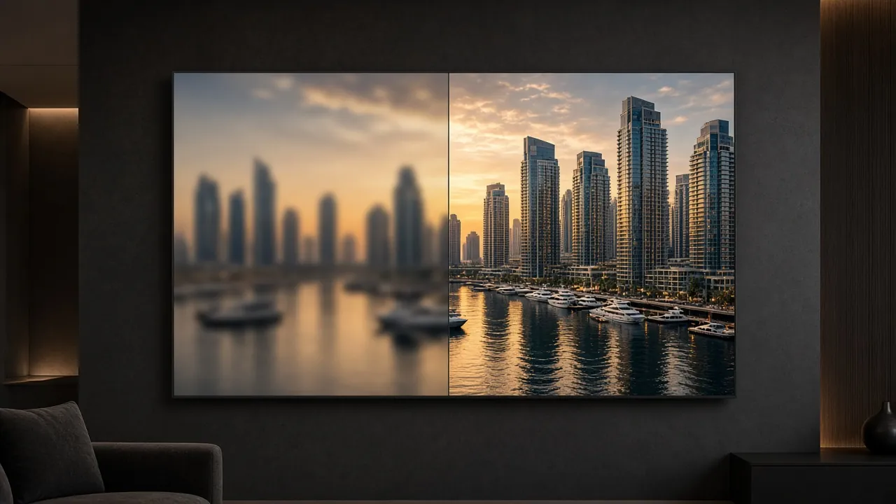 HD and 4K compared on one TV: the Dubai Marina at sunset, softer on the HD half and sharper on the 4K half