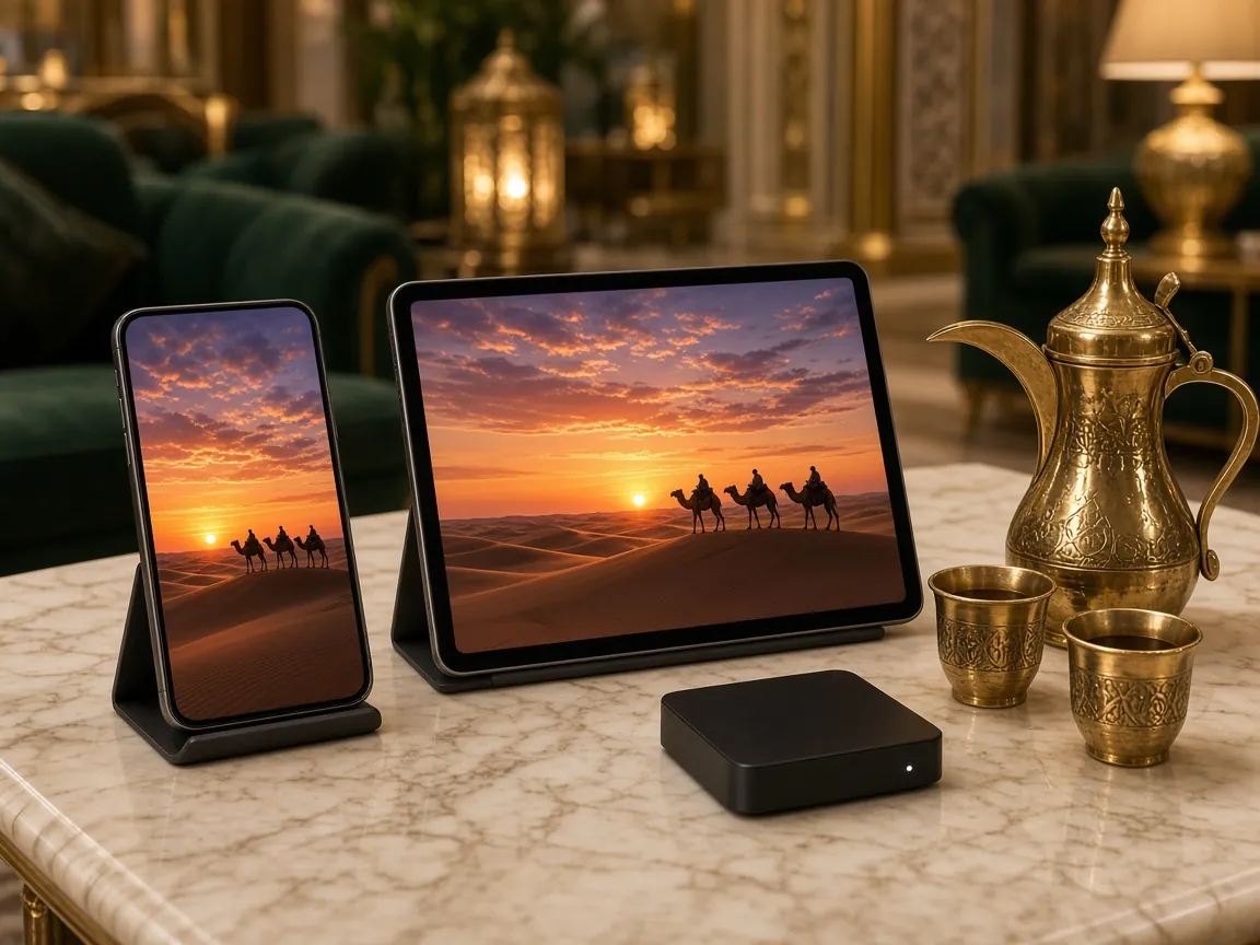 IPTV on Apple TV, iPhone and iPad: a phone and a tablet showing a desert film, a small streaming box and an Arabic coffee pot on the table