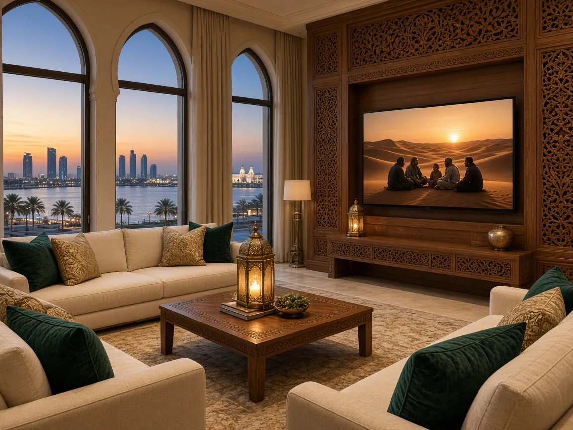 IPTV Abu Dhabi: a villa living room at sunset with a TV showing a desert film and the corniche skyline through arched windows