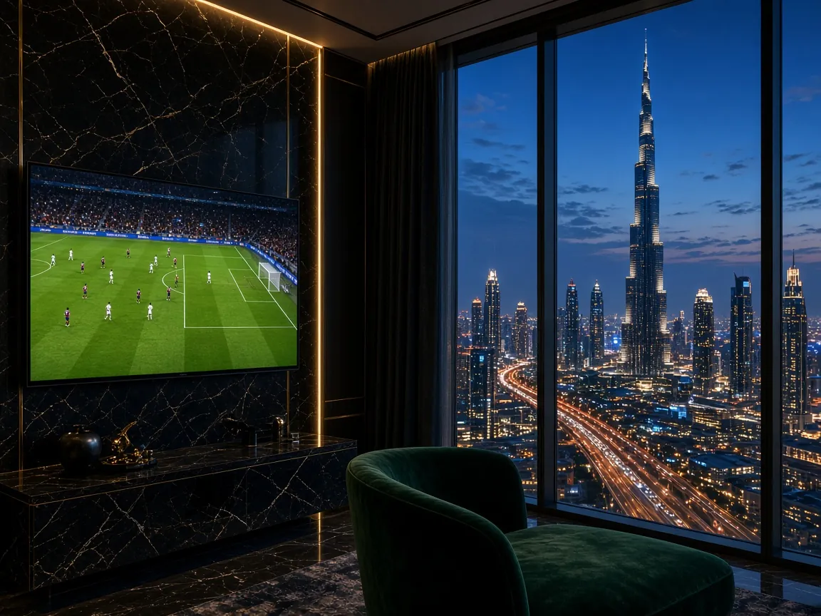 IPTV Dubai: live football on a TV in a high-rise apartment, with the Dubai skyline lit up at night through the window