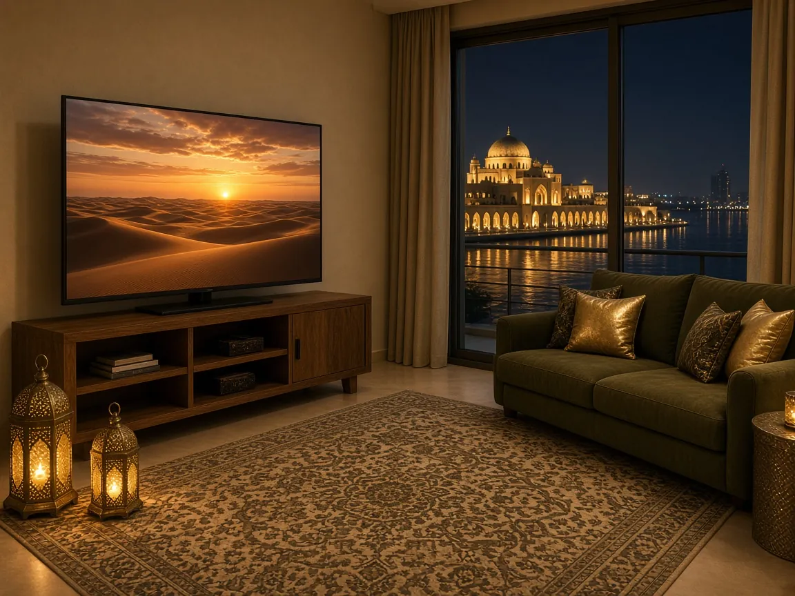 IPTV Sharjah: a living room with a TV showing desert dunes at sunset and a lit domed building across the lagoon