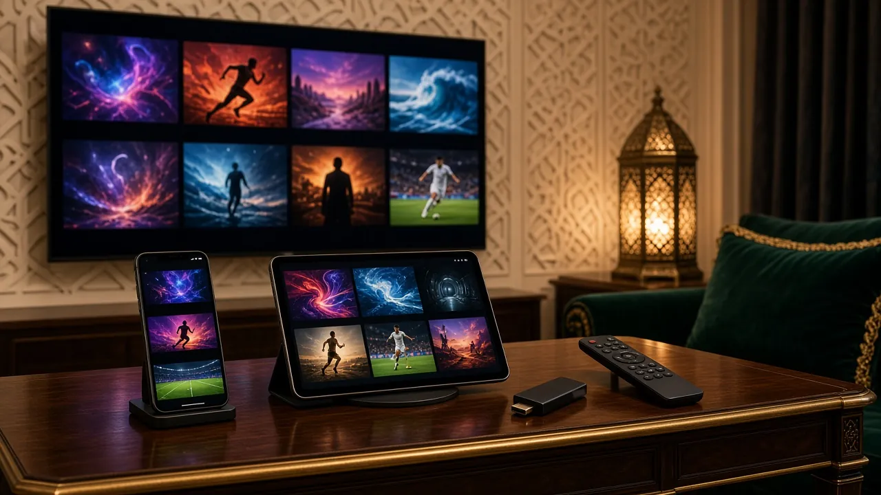 One IPTV UAE subscription on several screens in a Gulf home: a large TV, a streaming stick, a tablet and a phone