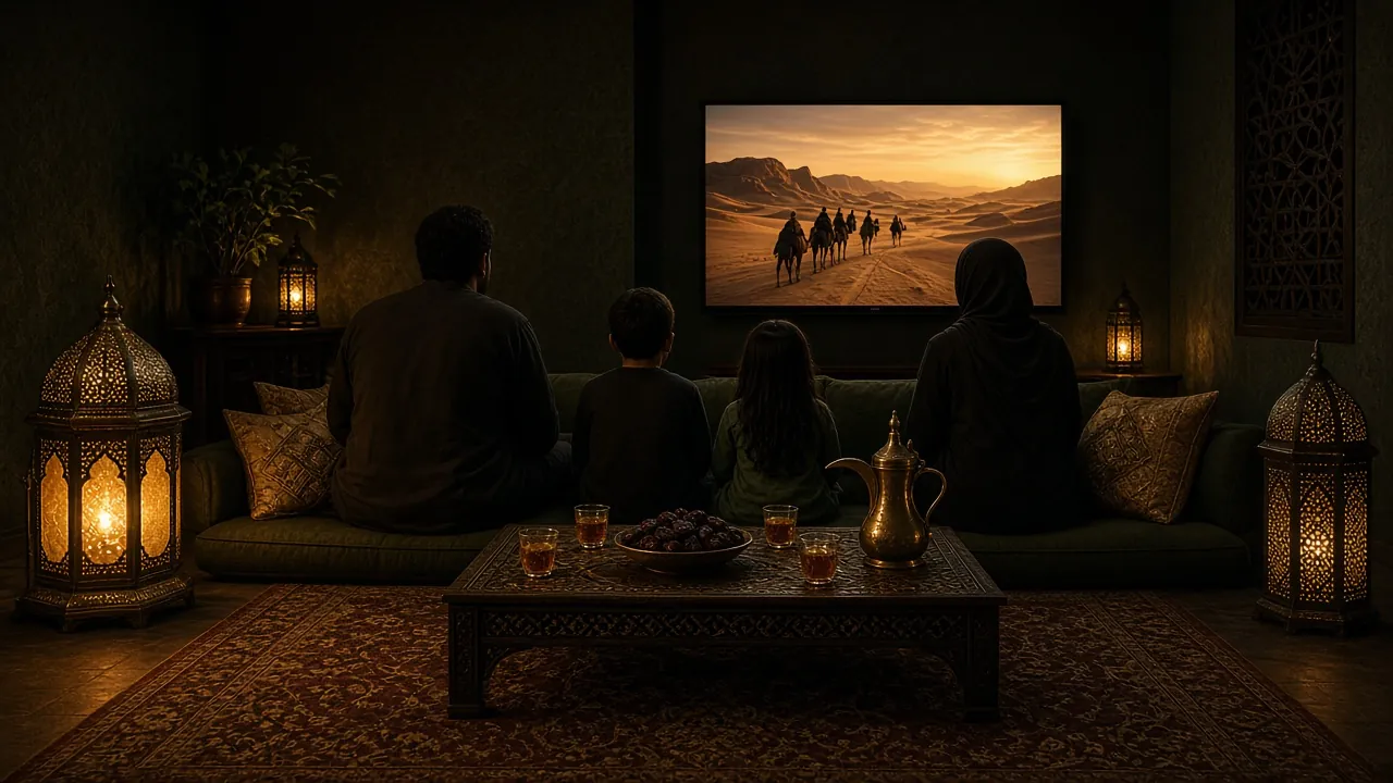 A family seen from behind watching TV on a Ramadan evening, with lanterns and a plate of dates